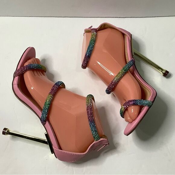 NWOB!CHASE AND CHLOE Elle Barbiecore Rainbow Rhinestone/Pink Strap Sandal Sz 7 - Picture 10 of 11